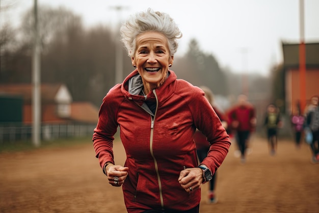 Photo a woman in a red suit participates in a running competition