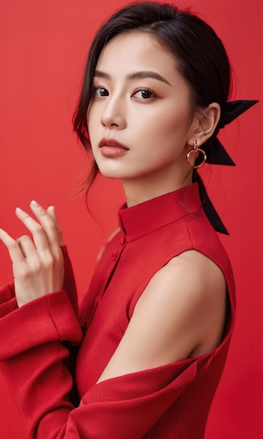 A woman in a red suit standing against a red wall