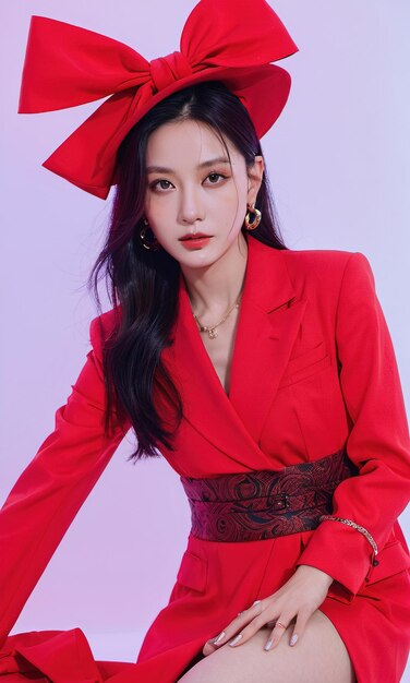 A woman in a red suit standing against a red wall