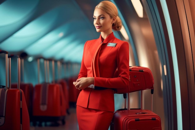 A woman in a red suit stands with her luggage