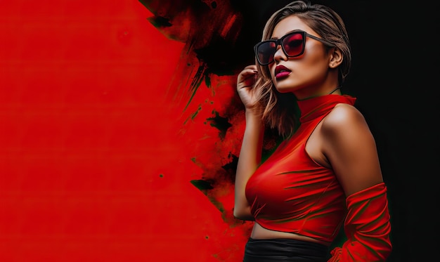 a woman in red and sunglasses posing in front of a black background in the style of celebrity image