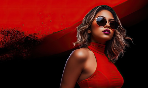 a woman in red and sunglasses posing in front of a black background in the style of celebrity image