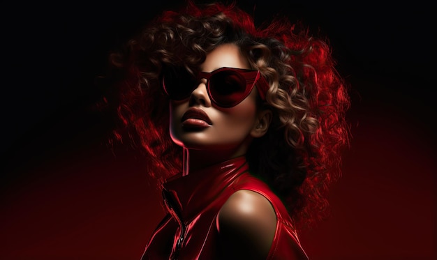 женщина в красном и солнечных очках позирует на черном фоне в стиле образа знаменитости