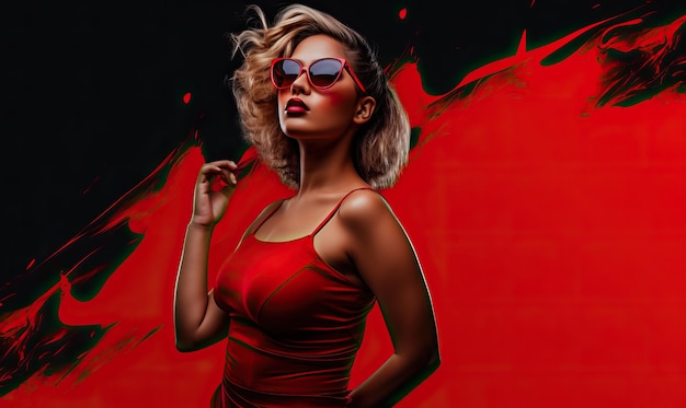 a woman in red and sunglasses posing in front of a black background in the style of celebrity image