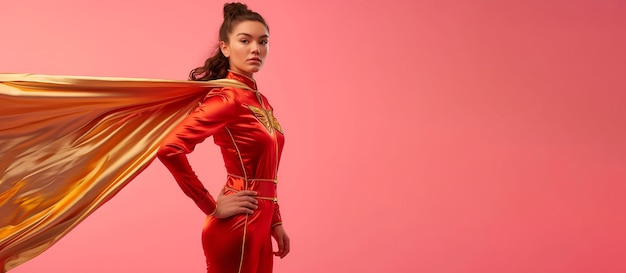 Photo woman in red superhero costume with gold cape on pink background representing girl power