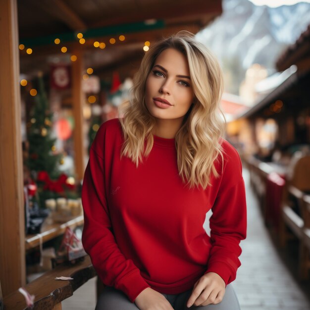 a woman in a red sweater sitting on a bench generative ai