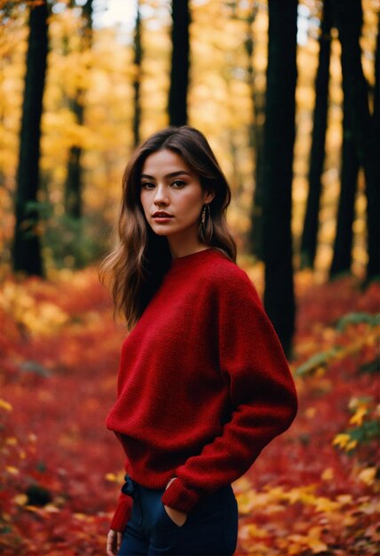 a woman in a red sweater stands in a forest