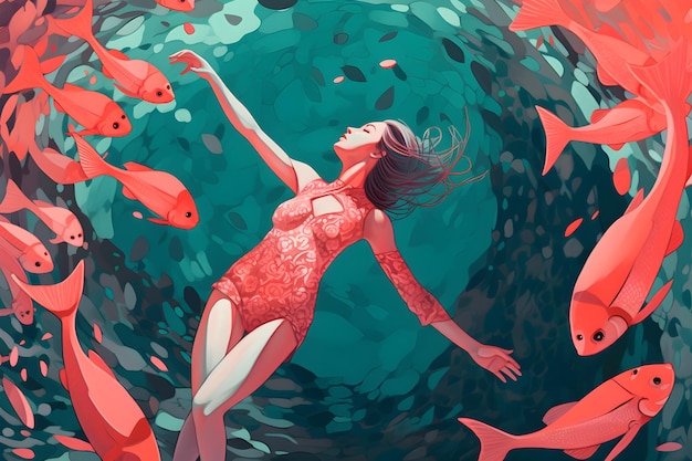 Photo a woman in a red swimsuit surrounded by fish.