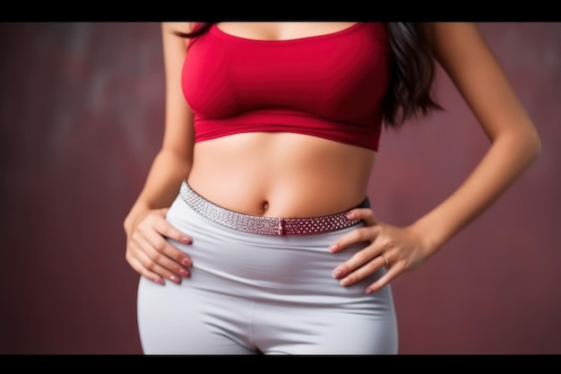 Photo a woman in a red top is showing her belly fat.