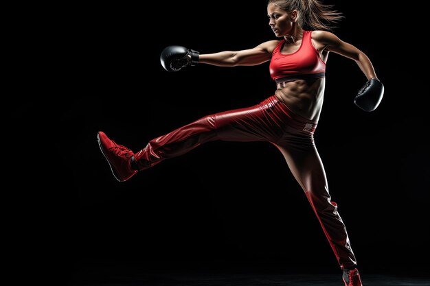 A woman in a red top and red pants is kicking a ball