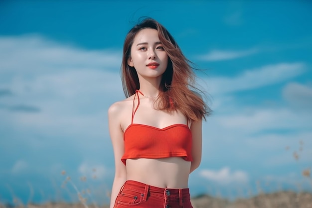 A woman in a red top and red pants stands in a field.