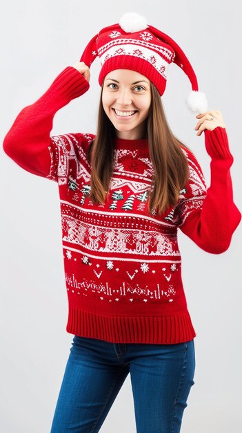 Foto donna in rosso tradizionale maglione di natale