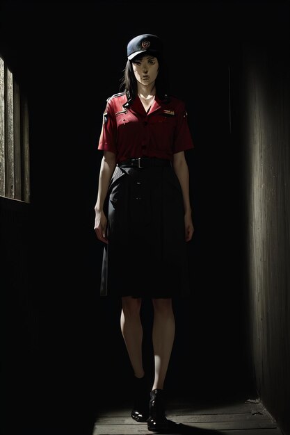 A woman in a red uniform stands in a dark room with a window behind her