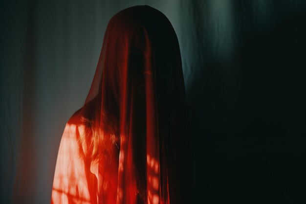 Photo a woman in a red veil is standing in front of a curtain