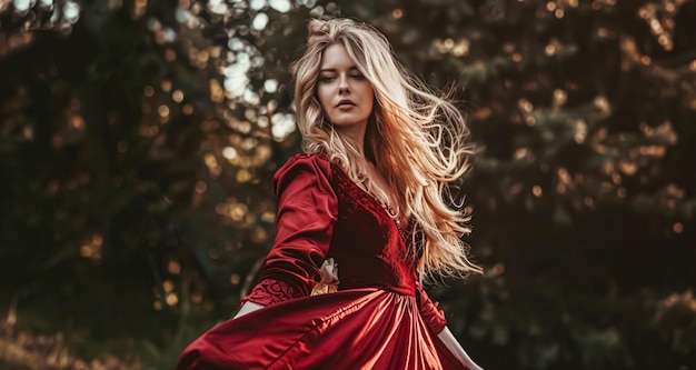 Woman in red velvet dress autumnal look in autumn forest bridal beauty style wedding fashion campaign and glamour hairstyle