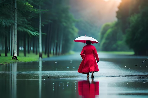 Женщина в красном идет под дождем с зонтиком