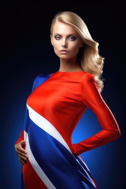 A woman in red white and blue dress posing for a picture National flag colors