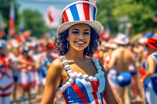 A woman in a red white and blue top hat is wearing a red white and blue top hat