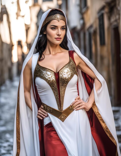 a woman in a red and white dress is posing in front of a building