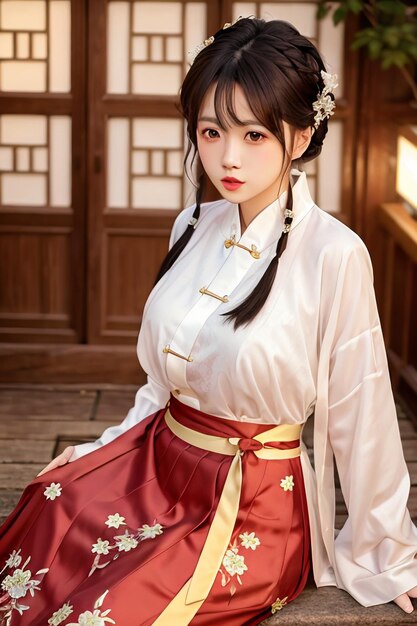 A woman in a red and white dress with the word hanfu on it