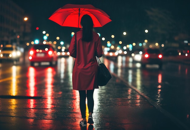 A woman in red with a red umbrella crosses the street rainy night back view Generative AI