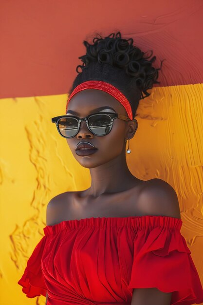 A woman in red and yellow leaning against a wall