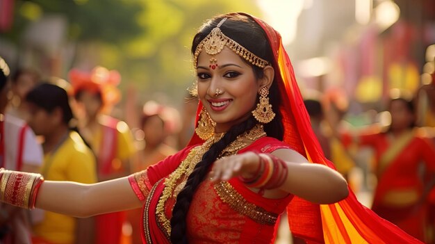 Woman in Red and Yellow Outfit Dancing