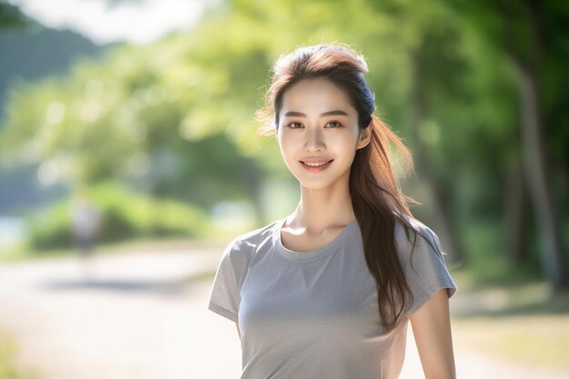 A woman refreshing in the park light dress