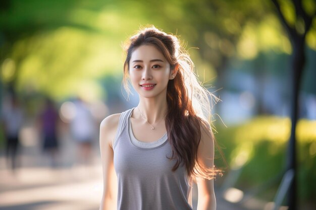 A woman refreshing in the park light dress