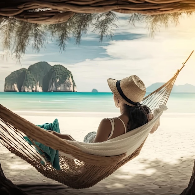 Woman relax in hammock on summer beach Illustration AI Generative