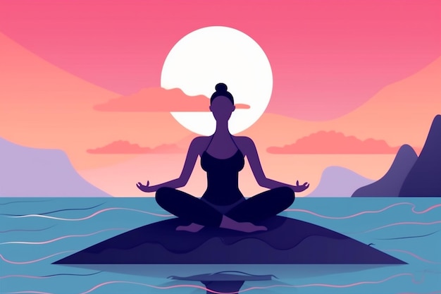 Woman relaxation meditation sunset person back exercise lotus sea yoga ocean Generative AI