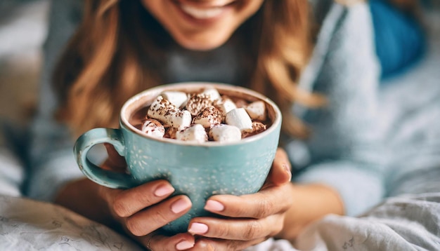 woman relaxes on bed holding steaming hot chocolate with marshmallows creating a warm and comforti