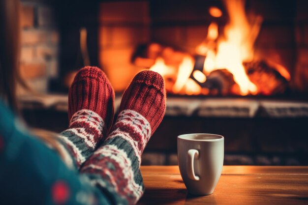 A woman relaxes by the fire with a hot drink and warms her feet with wool socks Closeup of the feet