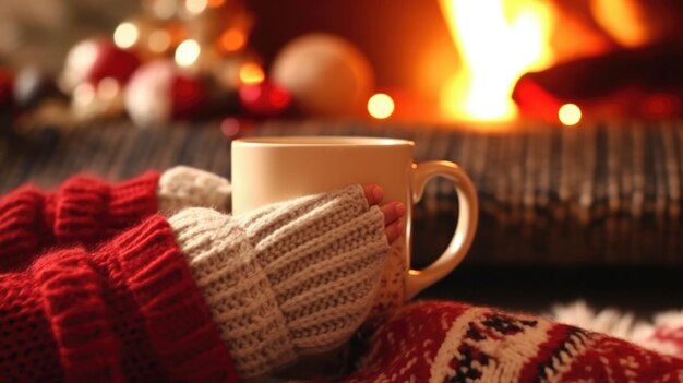 Photo woman relaxes by warm fire with a cup of hot drink with space for text