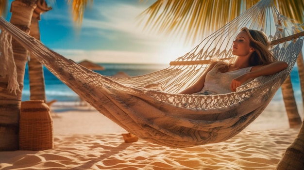 A woman relaxes and enjoys the sun on vacation on the beach in a wicker hammock Generative Ai