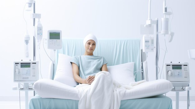 Photo a woman relaxes on a hospital bed amidst medical equipment