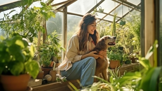 Woman relaxes in a lovely greenhouse for cultivating plants while playing with her dog Generative AI