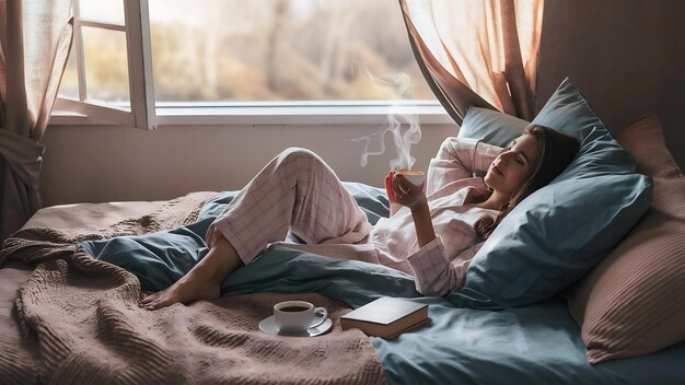 Woman relaxing in bed before going at work