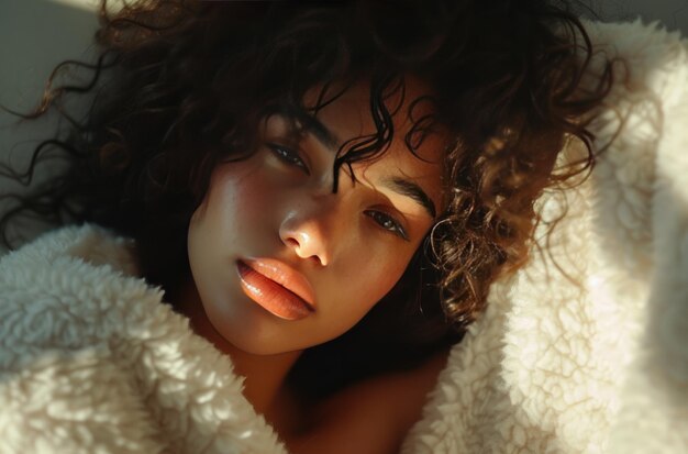 Photo woman relaxing in bed by holding tea cup