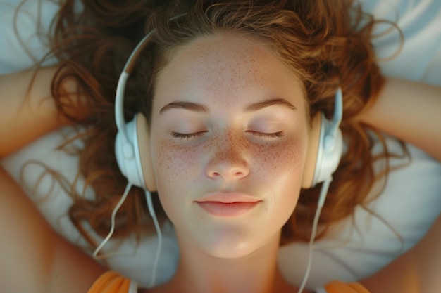 Foto una donna che si rilassa su un letto mentre indossa le cuffie perfetto per illustrare il rilassamento e l'ascolto di musica