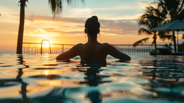 Foto donna che si rilassa vicino alla piscina in un lussuoso hotel sul lungomare al tramonto godendosi l'ia generativa