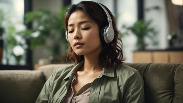 Woman Relaxing on A Couch Listening to Music