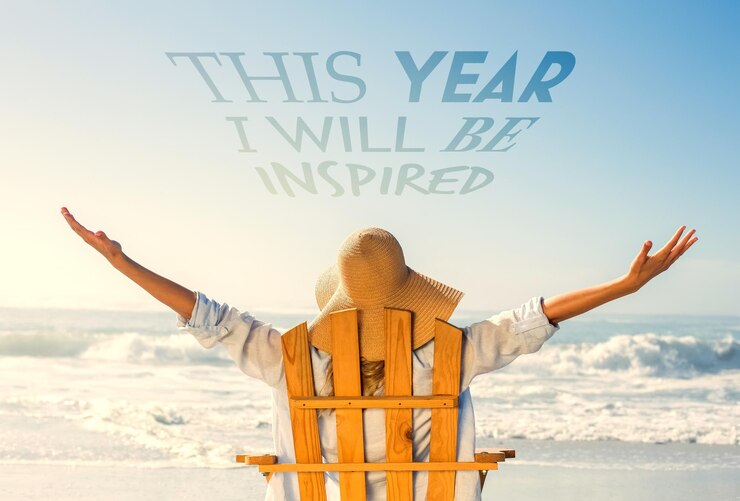 Photo woman relaxing in deck chair by the sea against i will be inspired