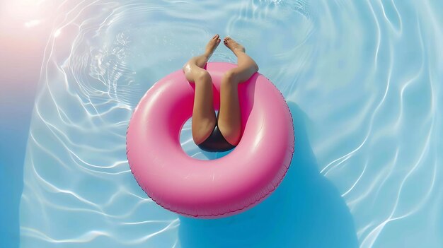 Photo woman relaxing on donut lilo in the pool at private villa inflatable ring and mattre generative ai