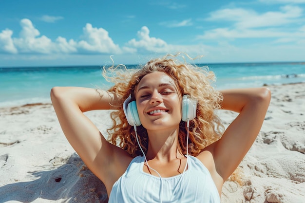 Foto donna che si rilassa e si gode la spiaggia estiva