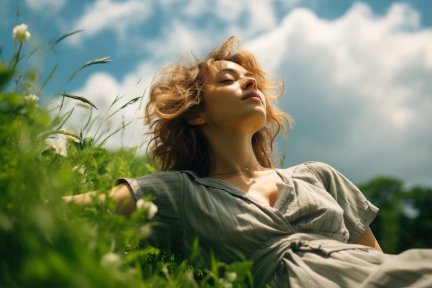 Woman Relaxing in a Flower Field