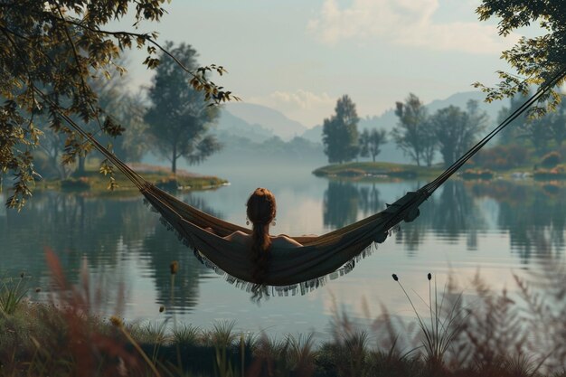 Foto donna che si rilassa in un'amaca vicino al lago