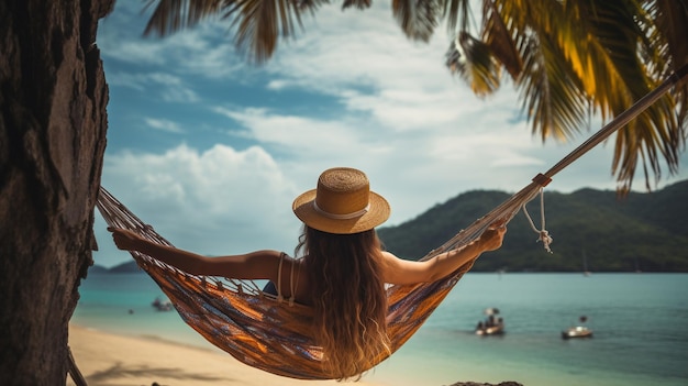 Photo woman relaxing on hammock with hat sunbathing on vacation