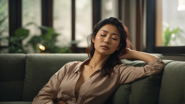 Woman Relaxing on Living Room Enjoying The Rain