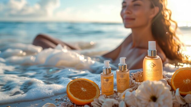 Photo woman relaxing next to oranges on beach generative ai